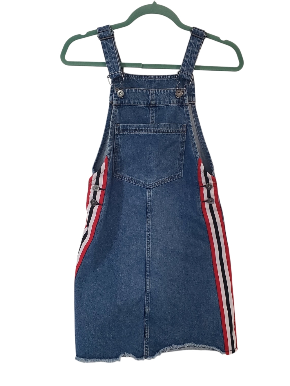 DIVIDED H&M Juniors Blue Denim Overall Dress Size 0 Raw Hem Stripes Med Wash